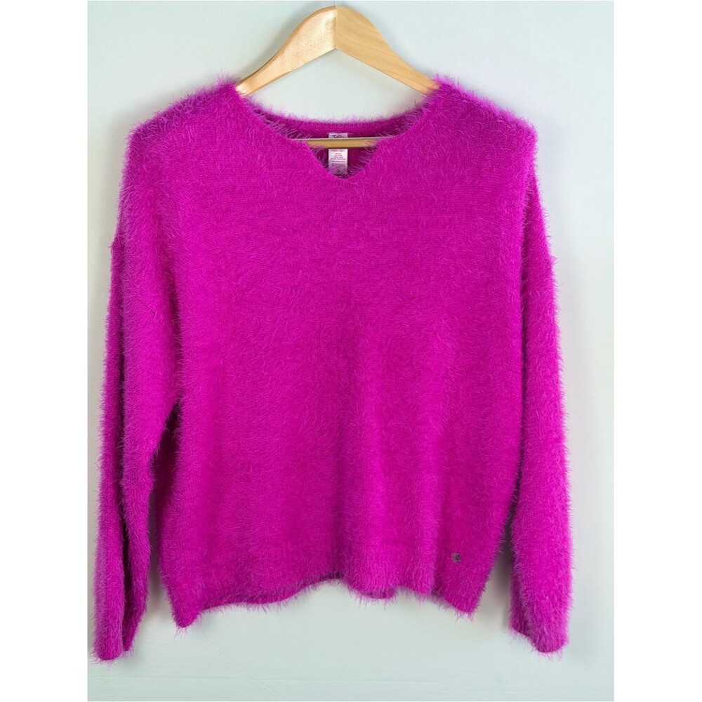 Justice Fuzzy Knit Sweater XL Plus Pink Eyelash Cozy Soft Girl V Neck